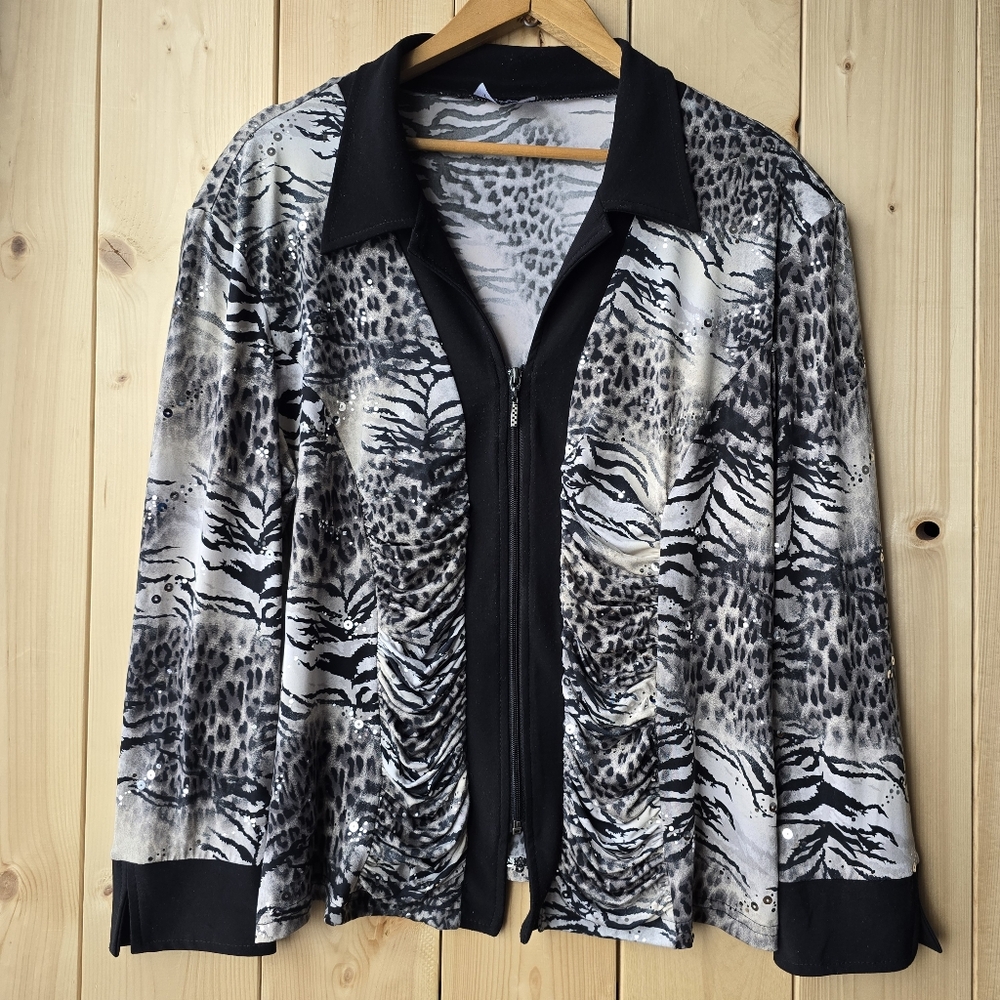 Artex Fashions Zip Up Blouse Animal Print Sequin Womens XL